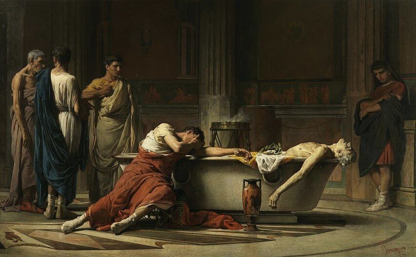 Sinuciderea lui Seneca. Lucrare realizată în 1871 de Manuel Dominguez Sanchez. Muzeul Prado, Madrid. (wikipedia.org)