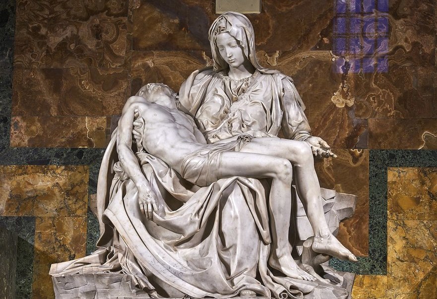Sculptura „Pieta” realizată de Michelangelo Buonarotti între anii 1498-1499. Sculptura se află la Vatican, în Bazilica Sf. Petru.