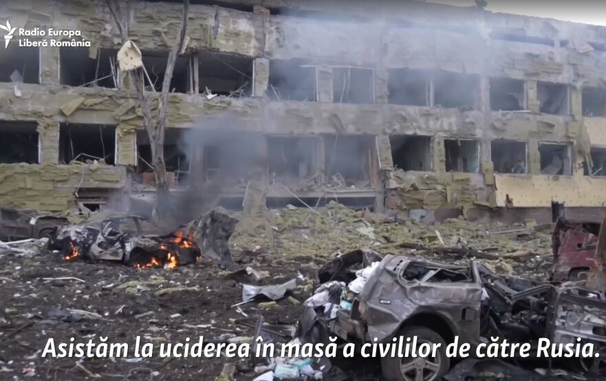 Oraşul ucrainean Mariupol, după bombardamentele ruseşti (Captură ecran - Europa Liberă)