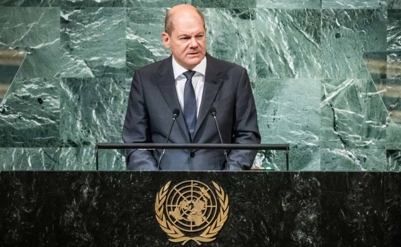 Cancelarul german Olaf Scholz adresându-se Adunării Generale a ONU, 20 septembrie 2022