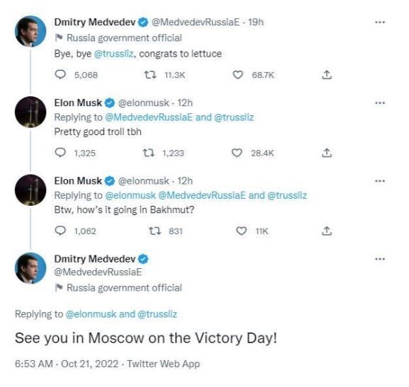 Discuţia pe Twitter între Elon Musk şi Dmitri Medvedev (Captură ecran)