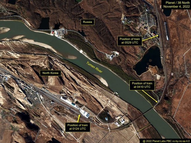 Prezentare generală a zonei Podului Prieteniei Tumangang, 4 noiembrie 2022 (Planet Labs)