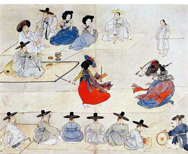 Hanbok-ul are o istorie de peste 1.600 de ani. Pictura "Dans cu două săbii" este realizată de Shin Yun Bok, cel mai reprezentativ pictor de gen al Dinastiei Joseon. (Shin Yun Bok)