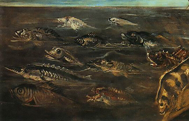 Peşti de toate felurile sunt reprezentaţi în "Crearea animalelor", 1550-1553, de Tintoretto. Ulei pe pânză, 1,5 metri pe 2,5 metri. Galeria Academică, Veneţia (Domeniu public)