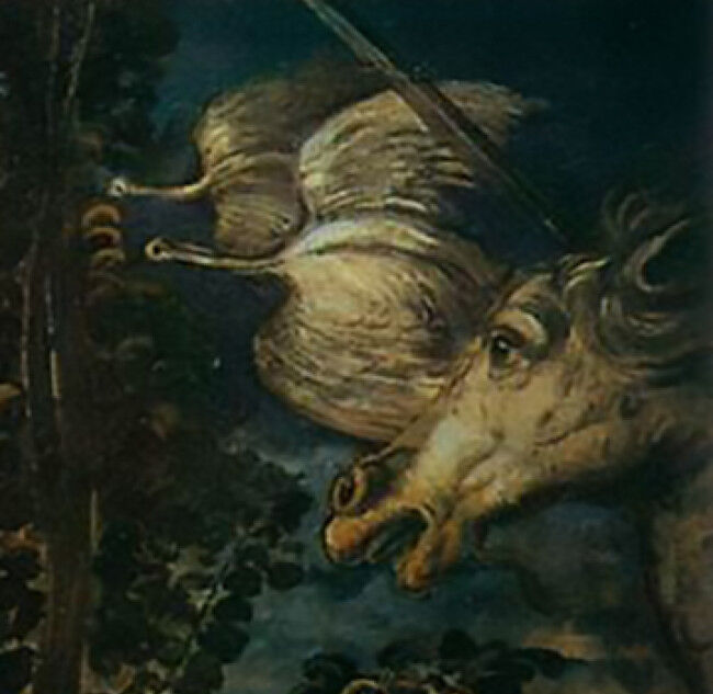 Artistul a inclus un unicorn în pictura sa despre povestea Genezei. Detaliu din "Crearea animalelor", 1550-1553, de Tintoretto. Ulei pe pânză, 1,5 metri pe 2,5 metri. Galeria Academică, Veneţia (Domeniu public)