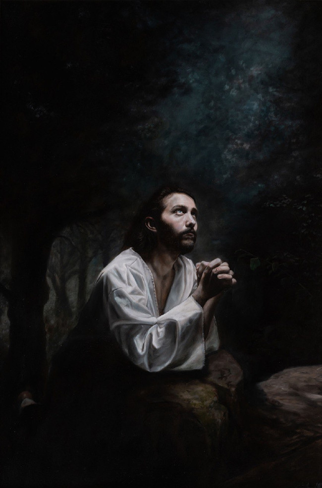 "Agonie în grădină" de Eric Armusik. Pictura prezintă figura lui Iisus Hristos luminată puternic în timpul unei rugăciuni. (Concursul Internaţional de Pictură NTD)