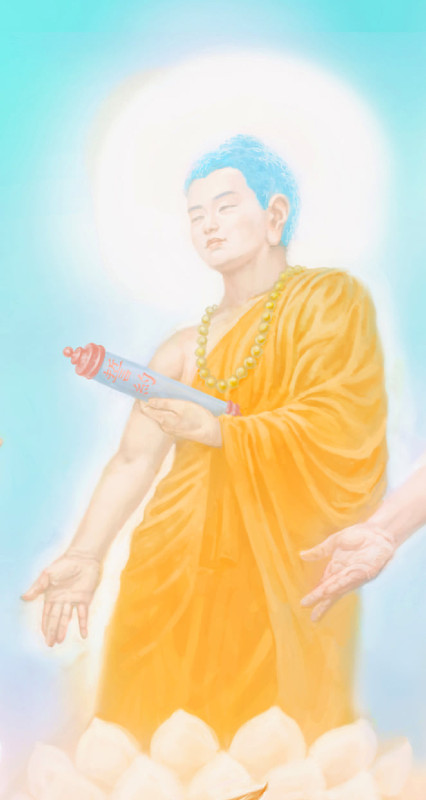 Un Buddha care ţine un pergament sacru pe care sunt scrise caracterele chinezeşti 誓約 (shìyuē), însemnând "jurăminte". Potrivit culturii orientale, toate fiinţele trebuie să aspire la găsirea scopului vieţii lor, care este strâns legat de îndeplinirea jurămintelor sfinte pe care le-au făcut în faţa Divinităţii înainte de se naşte. (Prin bunăvoinţa lui Loc Minh Duong)