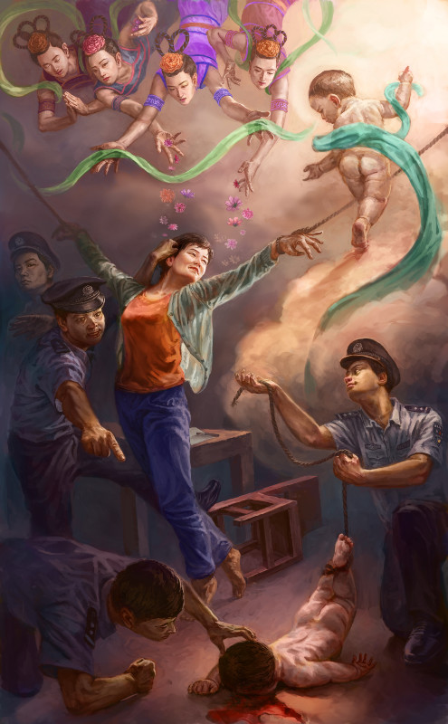 "Ne vedem acolo sus, mamă": Bazat pe fapte reale, pictura înfăţişează o mamă torturată pentru credinţa ei în Falun Gong, în timp ce sufletul fiului ei în vârstă de câteva luni, ucis de gardienii închisorii chineze, este văzut zburând deasupra şi încurajând-o să rămână puternică. (Prin bunăvoinţa lui Loc Minh Duong)
