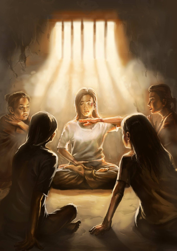 O pictură ce ilustrează deţinuţi criminali care privesc cu admiraţie o practicantă Falun Gong bătută cu brutalitate în timp ce meditează într-o închisoare chineză, fiind întemniţată pentru că a refuzat să renunţe la credinţa sa. (Prin bunăvoinţa lui Minghui.org)