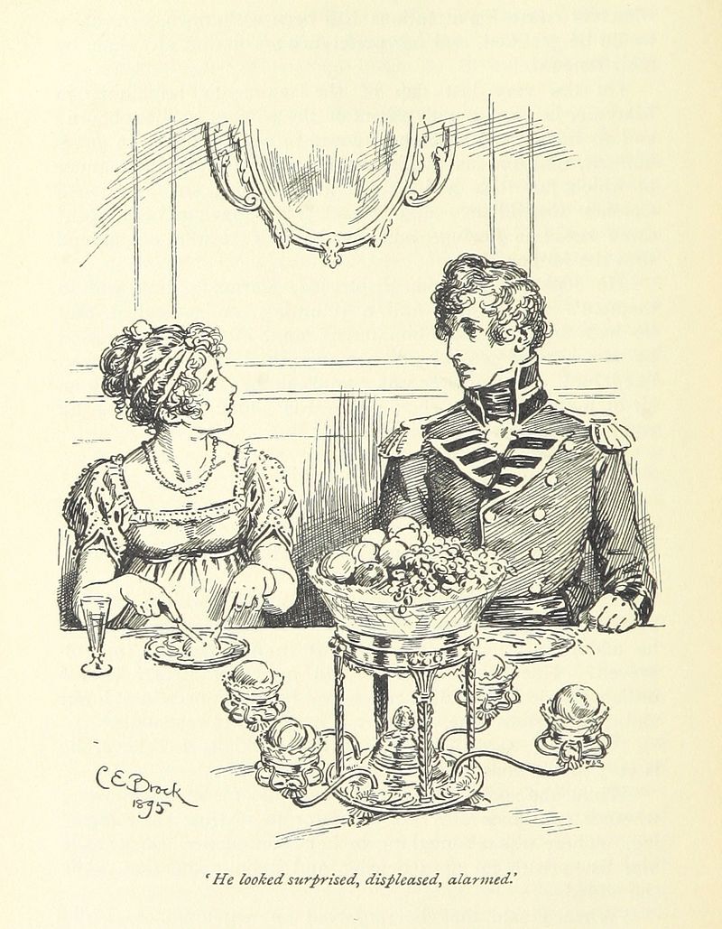 Fiind fermecată la început de Wickham, Elizabeth Bennet descoperă curând adevăratul său caracter. Ilustraţie C.E. Brock, ediţia din 1895 a cărţii “Mândrie şi prejudecată”. (Domeniul Public)