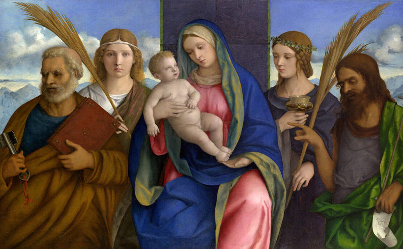 Pictura  "Madonna şi copilul cu sfinţi", de Giovanni Bellini şi asistenţii săi. Prezintă tehnicile avansate de colorare şi profunzime ale artei Renaşterii. circa 1510,tempera şi ulei pe lemn. Muzeul Metropolitan de Artă, New York City