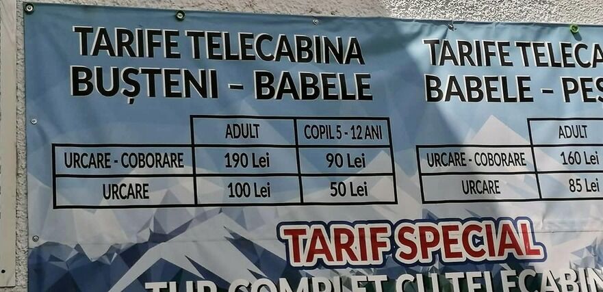 Tarif urcare cu telecabina la Babele (Facebook - Cristian Păun)