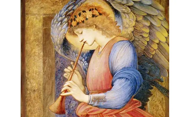 Detaliu din "Un înger cântă la flageolet", de Edward Burne-Jones, circa 1878, Sudley House.