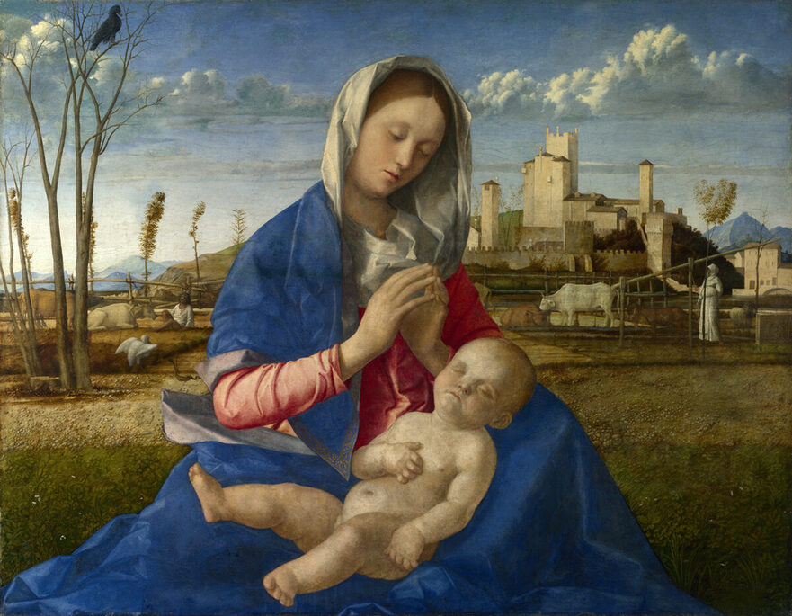 "Madona pe pajişte", de Giovanni Bellini, circa 1500–1505, Galeria Naţională, Londra (Domeniul Public, The Epoch Times)