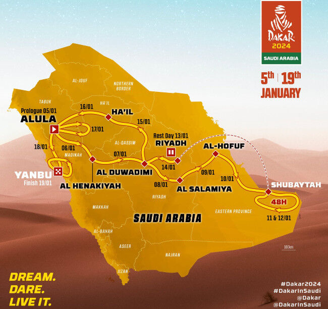 Traseul oficial al Dakar 2024: AlUla - Yanbu 7,891 km (4,727 km de SS) (Foto: DAKAR RALLY @dakar)