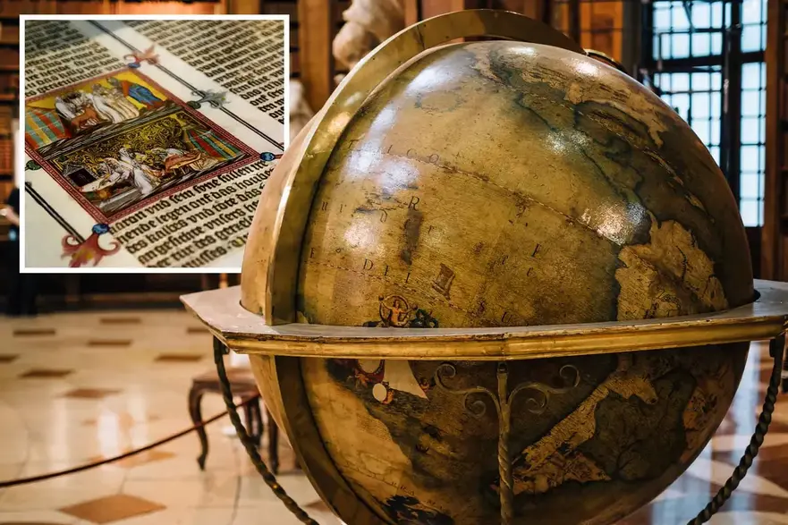 Un glob pământesc în interiorul Bibliotecii Naţionale a Austriei. Detaliu care arată un manuscris antic în Biblioteca Naţională Austriacă, Viena. (Yudai/Shutterstock şi Alessandro Cristiano/Shutterstock)