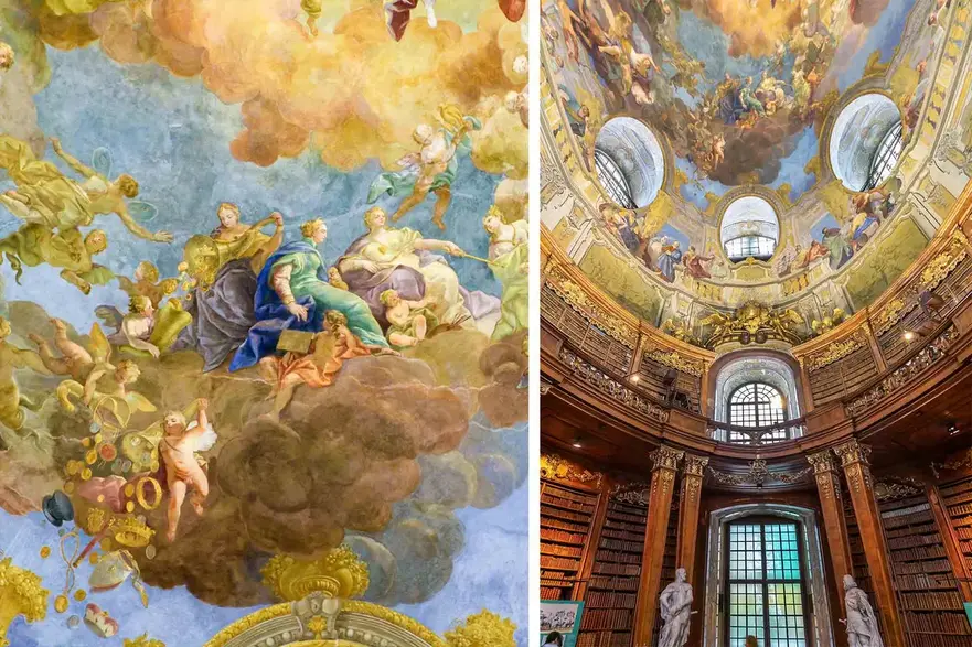 Stânga: Detaliu al unei fresce pictate în Sala de Stat. Dreapta: Interiorul Bibliotecii Naţionale Austriece, situată în Palatul Hofburg. (jorisvo/Shutterstock şi agsaz/Shutterstock)