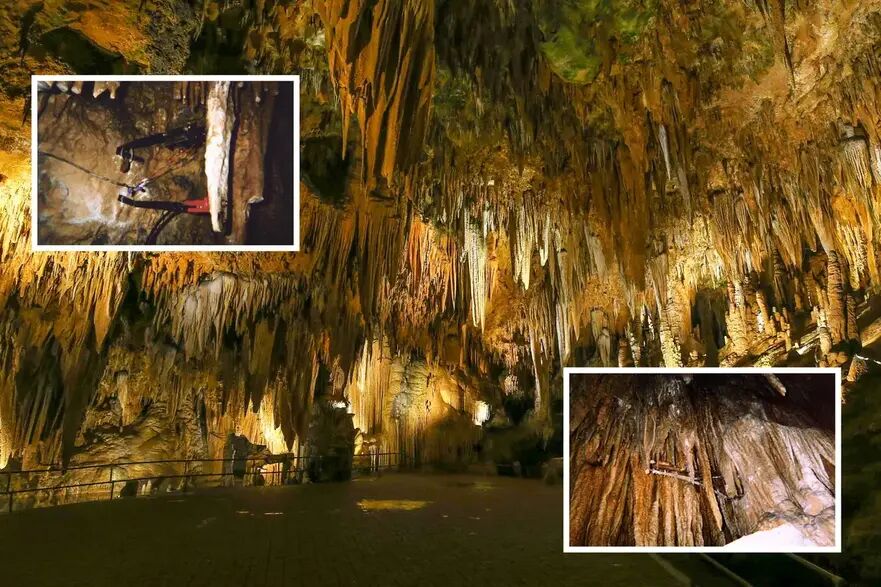 Interiorul peşterii, cu detalii care arată sistemul de ciocănele conectat la stalactite. (Andru Goldman/Shutterstock; Inserţie: domeniu public)