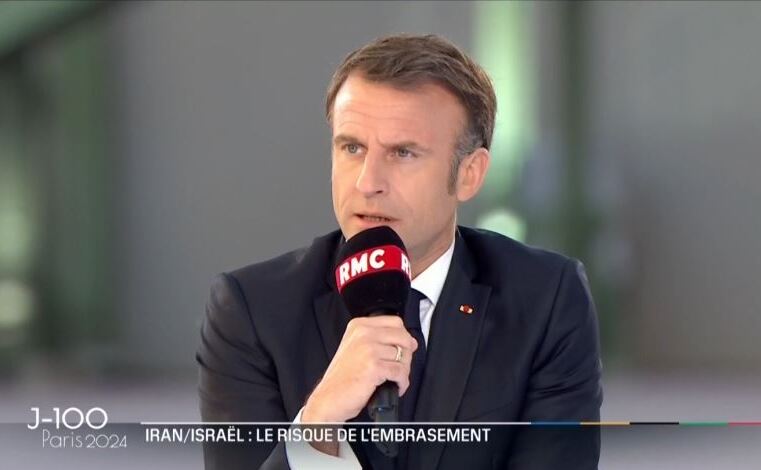 Preşedintele Emmanuel Macron, vorbind despre Jocurile Olimpice la Grand Palais în Paris, 15 aprilie 2024