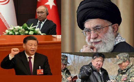 Vladimir Putin, Xi Jinping,  ayatollahul Ali Khamenei şi Kim Jong Un, cei patru lideri ai statelor ce formează aşa numita nouă "Axă a răului"