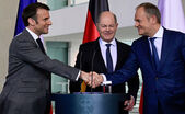 Liderii europeni Emanuel Macron, Olaf Scholz, Donald Tusk, 2024 (Tobias Schwarz/AFP via Getty Images)