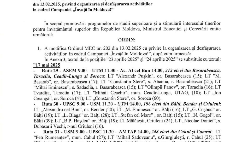 Ordinul Ministerului Educaţiei şi Cercetării de la Chişinău care prezintă planul de activităţi al campaniei „Învaţă în Moldova” (Facebook / Dan Perciun)
