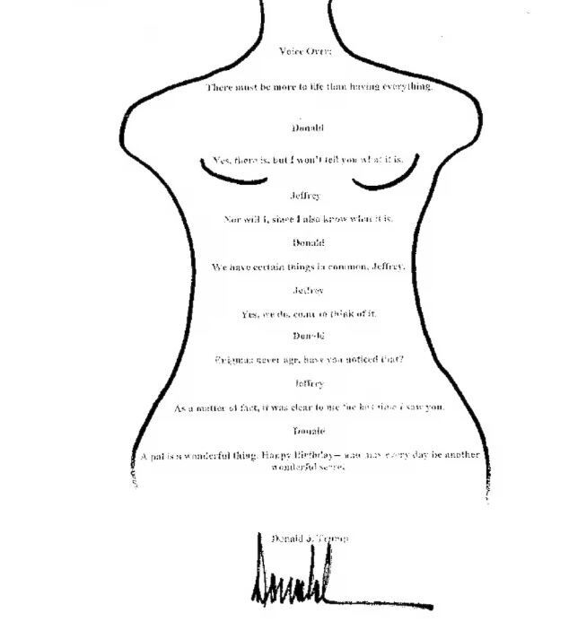 Mesajul din scrisoarea de felicitare presupusă a fi scrisă de Donald Trump şi adresată infractorului sexual Jeffrey Epstein (Screenshot)