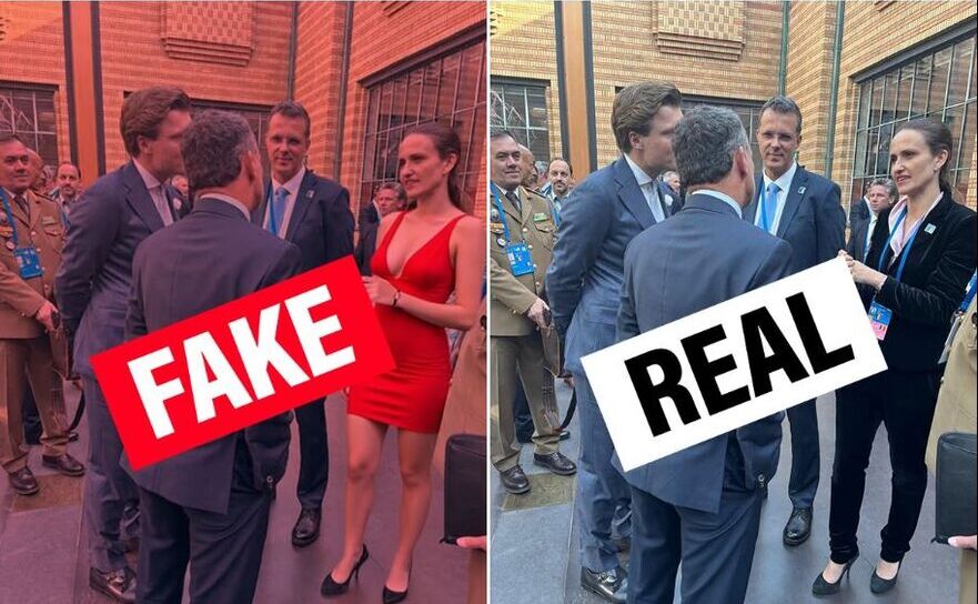 „Poză” creată cu inteligenţă artificială,  înfăţişând-o pe ministra de externe Oana Ţoiu, şi menită să o discrediteze pe aceasta (stânga), şi imaginea originală. (Facebook - USR)