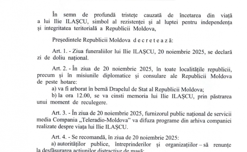 Decretul prezidenţial privind declararea zilei de doliu naţional în memoria lui Ilie Ilaşcu (presedinte.md)