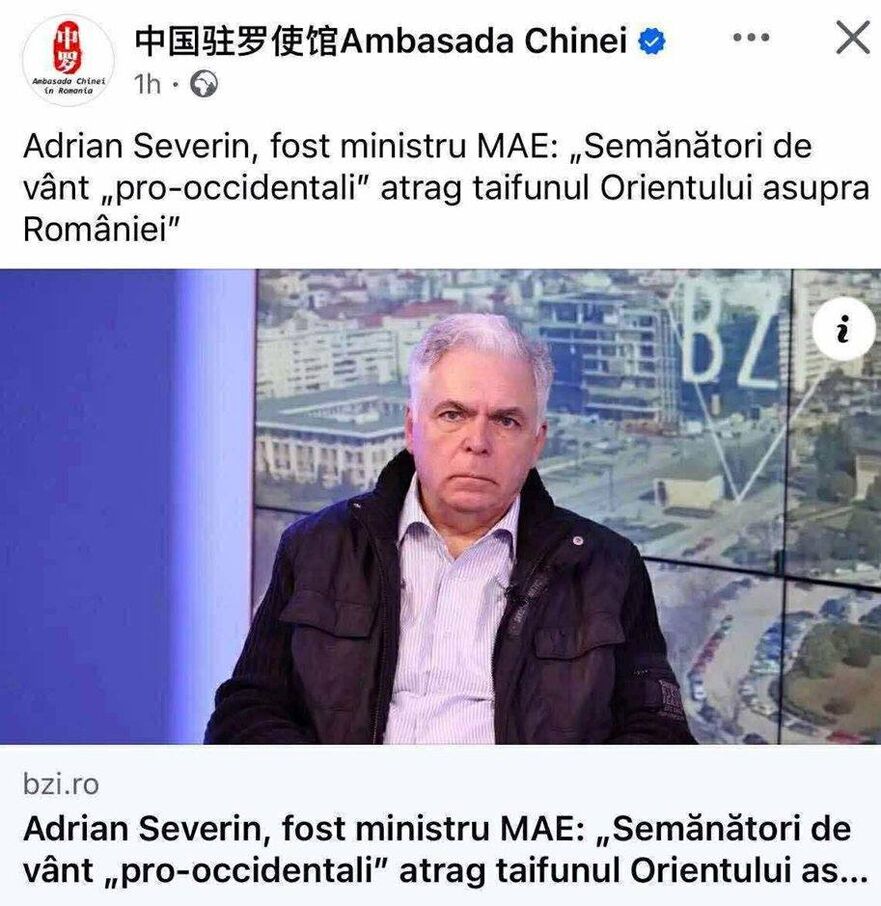 Articolul lui Adrian Severin postat de Ambasada Chinei la Bucureşti (Costin Andrieş / Facebook)