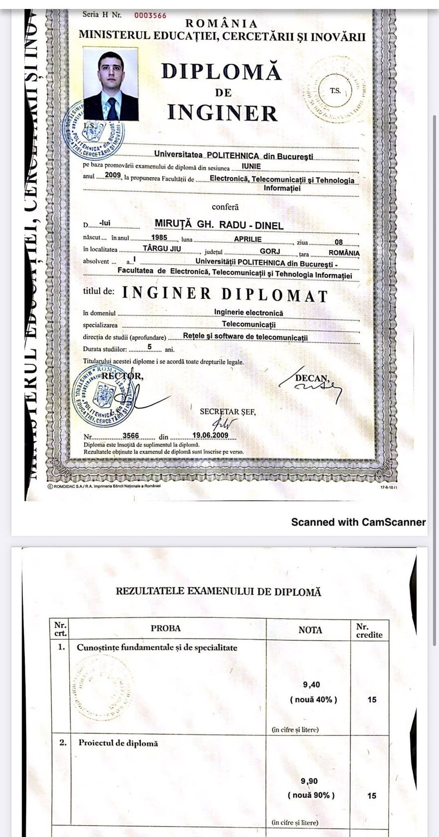 Diplomă de inginer Radu Miruţă (Foto: Facebook Radu Miruţă)