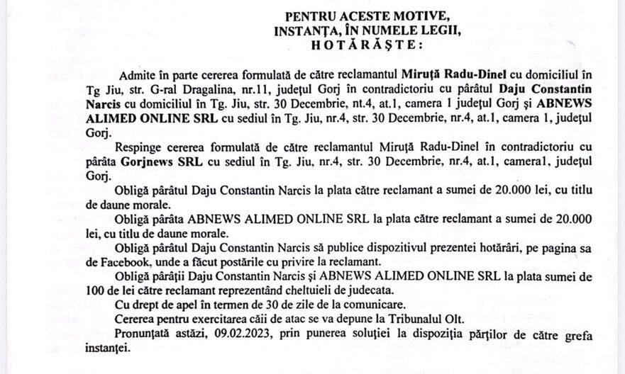 Radu Miruţă - Hotărâre instanţă judecată (Foto: Facebook Radu Miruţă)
