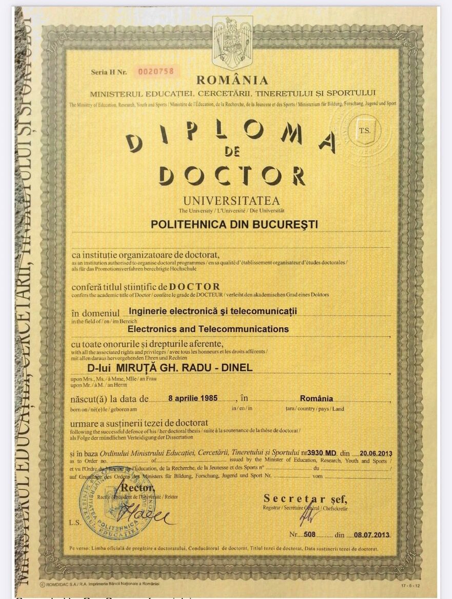 Diplomă studii post universitare Radu Miruţă (Foto: Facebook Radu Miruţă)