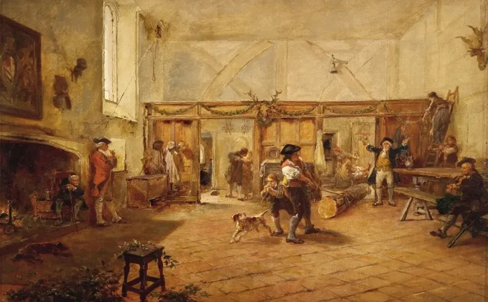 Bucata de lemn de Crăciun adusă la Castelul Hever, de Robert Alexander Hillingford. Se căuta cea mai mare bucată de lemn posibilă pentru a fi arsă pe tot parcursul sezonului de Crăciun. (Domeniul Public)