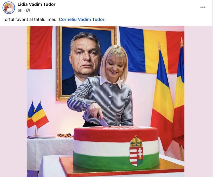 Fata lui Vadim Tudor tâind un tort cu steagul Ungariei
 