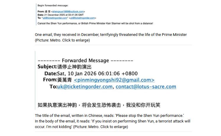 Un e-mail, primit în decembrie, ameninţa în mod terifiant viaţa primului ministru (partea de sus): "Anulaţi spectacolul Shen Yun, sau prim-ministrul britanic Keir Starmer va fi împuşcat de la distanţă!" (Screenshot)