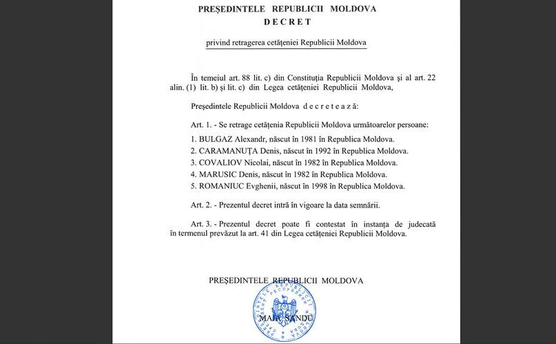 Decret prezidenţial, de retragere a cetăţeniei R. Moldova (Captură ecran)
