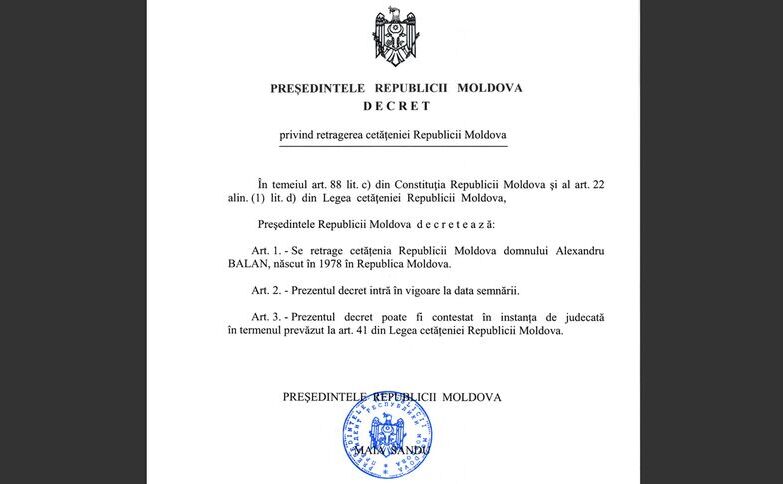 Decret prezidenţial de anulare a cetăţeniei RM pentru Alexandru Balan (Captură ecran)