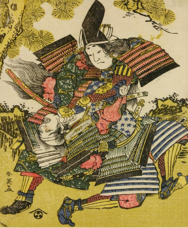 Tomoe Gozen luptând cu Uchida Ieyoshi, cca. 1810, realizare de Shun'ei. 
 
  (The British Museum)