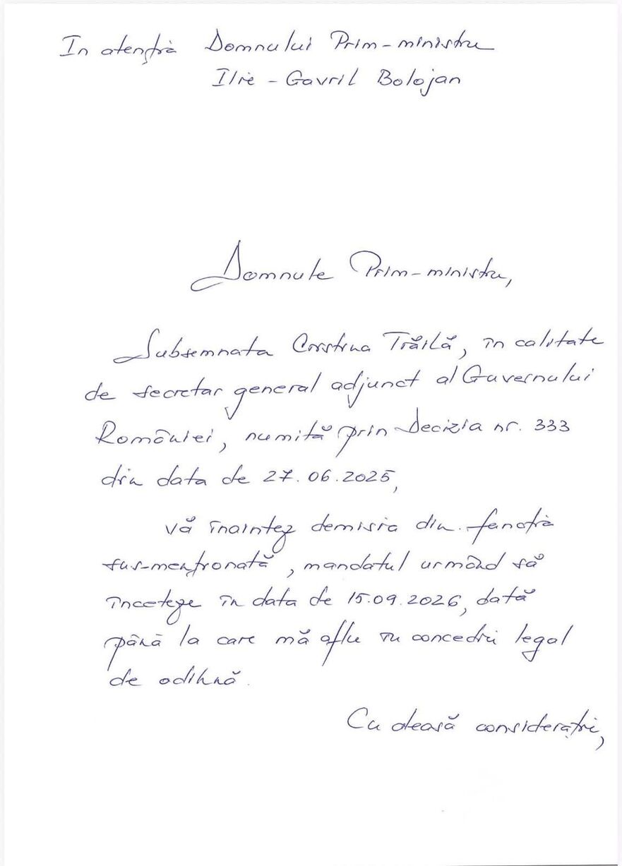 Demisia Cristinei Trăilă (Facebook - Cristina Trăilă)